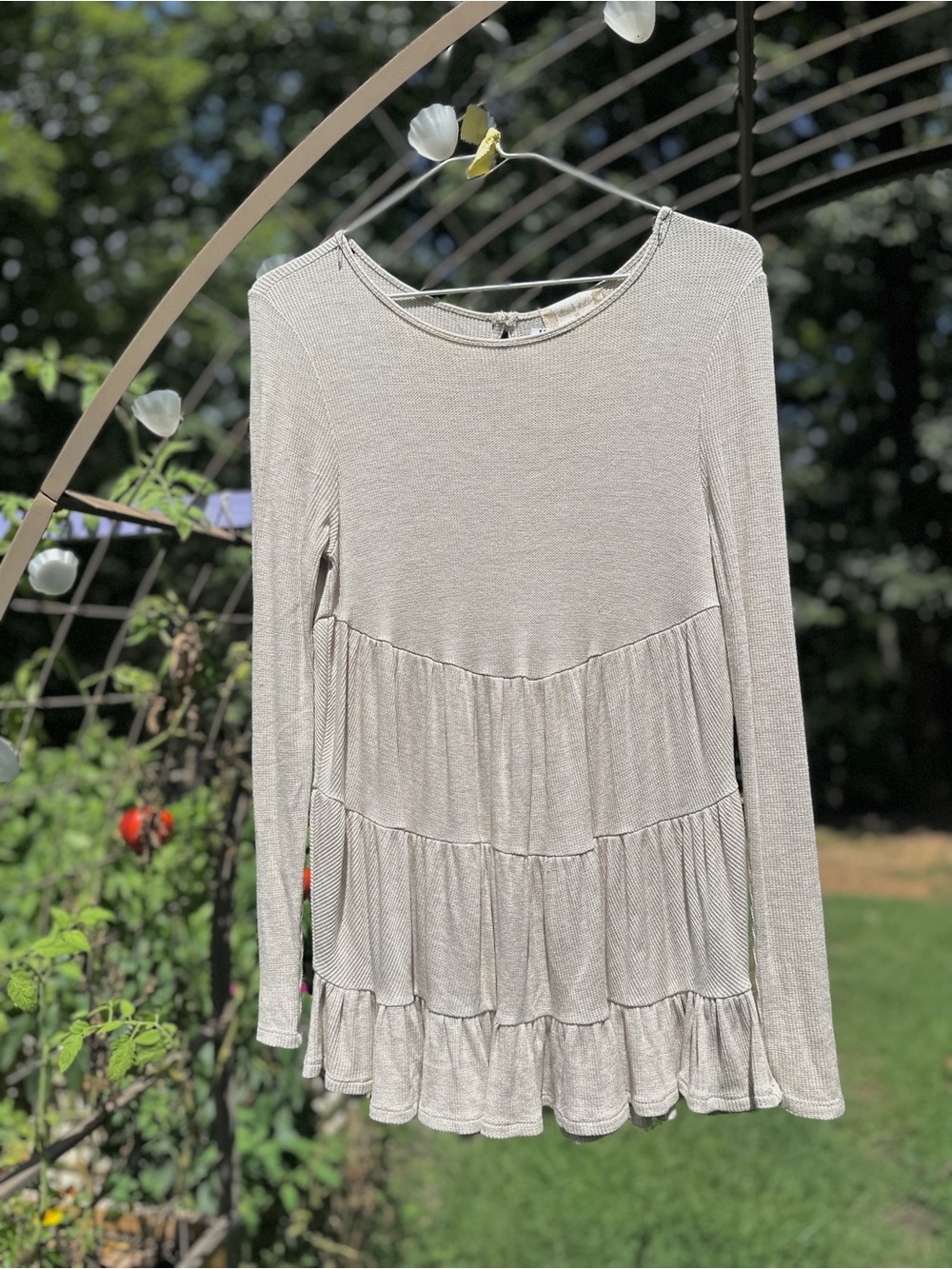 Altar'd State Oatmeal Tiered Long-Sleeve Swingy Top